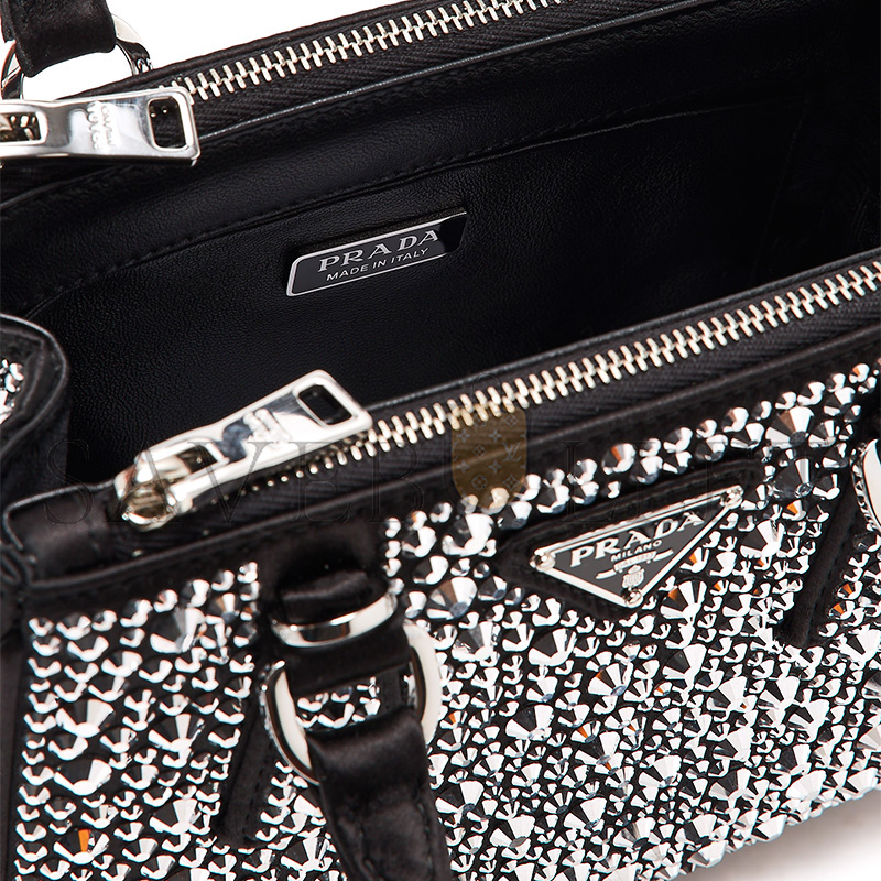PRADA BLACK SATIN AND CRYSTAL MINI GALLIERA TOTE BAG 1BA906 (20*15*9.5cm) 